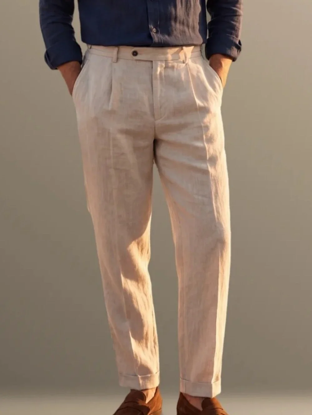 IKE Behar Beige Linen Men’s Pants With Cuff 100% Linen Slub Vintage 36x32